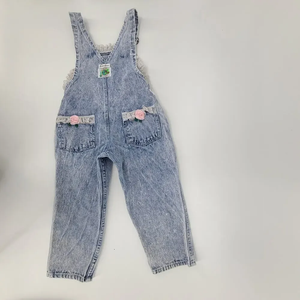 Vintage 80s NEIMAN MARCUS Girl's Acid Wash Lace Denim Jean Overalls 4T RARE 2929